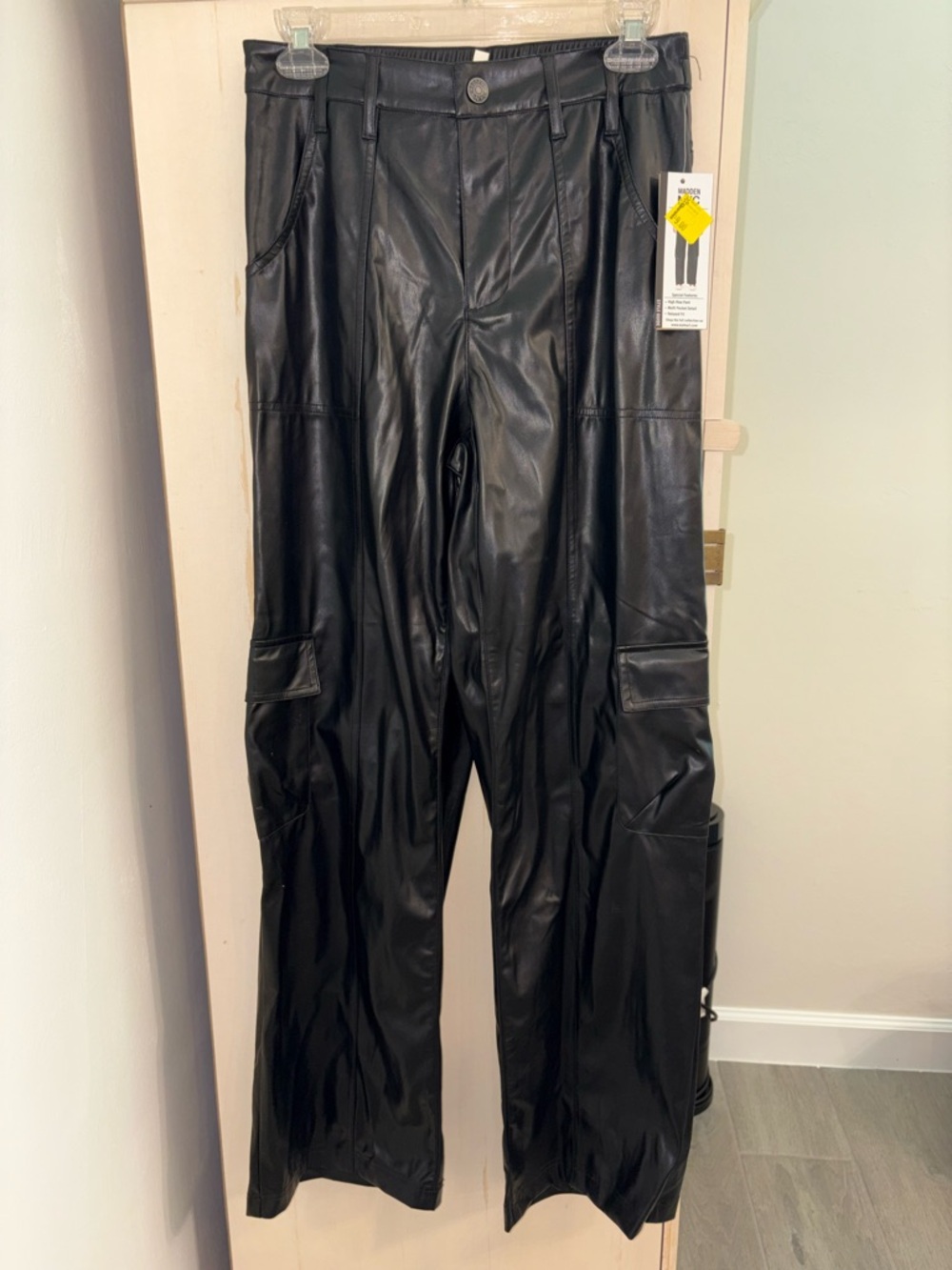 Madden NYC Faux Leather Cargo Pants - High Rise Relaxed Fit Black - Small